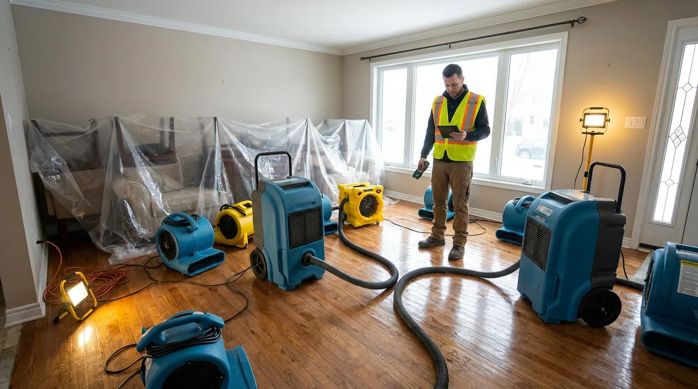 Water damage restoration technician drying a flooded Georgia home
